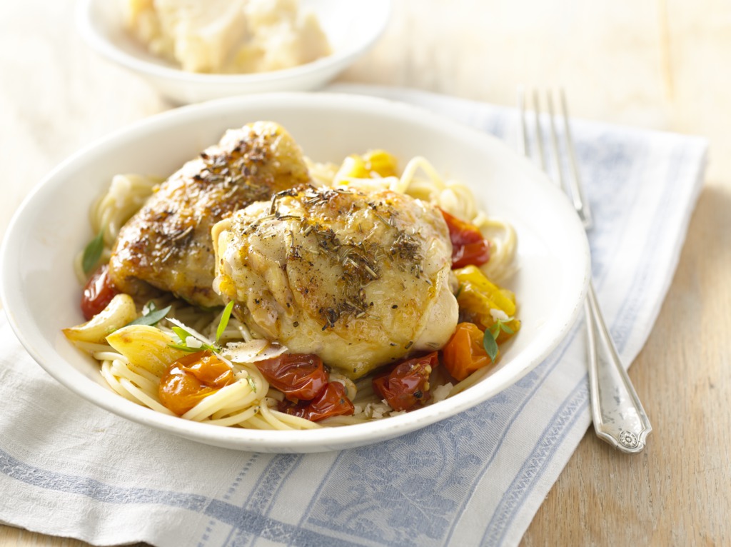 Orange Rosemary Chicken Thighs w/ Roasted Tomatoes Gold'n Plump